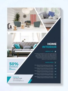 a brochure for interior design with blue and white accents on the front cover