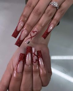 Valentine's Red Nails, Long Vday Nails, Valentines Day Nails Mid Length, Prom Baddie Nails, Latina Valentines Nails, Red Nail Prom Ideas, Xoxo Nail Art, Red Nails With Initials On Them, Valentines Nail Set With Initial