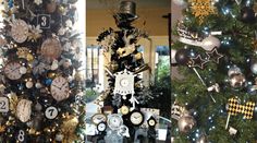 there is a christmas tree decorated with clocks and stars in black, gold and white