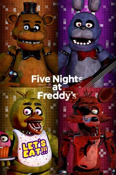 five nights at friedby's poster with three cartoon characters in the same outfit