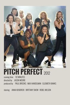 a group of women standing next to each other on top of a white sheet with the words pitch perfect 2012