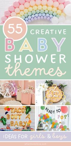 some baby shower themes are featured in this collage with text overlaying the top