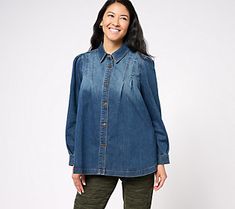 Puff-sleeve detail makes this denim jacket feel dressy. Make it your fall-to-spring staple. From LOGO by Lori Goldstein®. Washed Button-up Denim Top For Fall, Relaxed Fit Collared Denim Top For Fall, Fall Relaxed Fit Collared Denim Top, Washed Denim Top For Work, Fall Washed Denim Workwear Top, Collared Denim Top For Workwear In Fall, Fall Collared Denim Top, Fall Workwear Collared Denim Top, Fall Collared Denim Top For Work