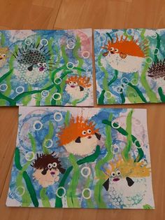 three pictures of hedgehogs with bubbles on them