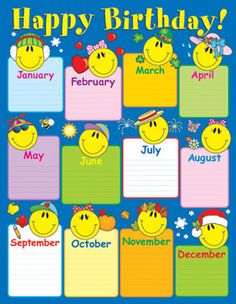 a happy birthday calendar with smiley faces