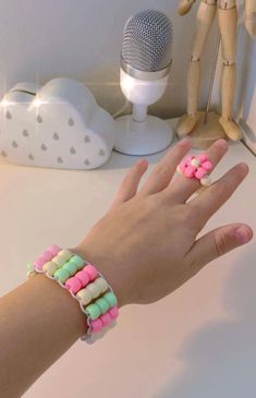 Homade kandi flower ring and braclet set.🌷 How To Make Flower Kandi Bracelet, Flower Cuff Kandi Tutorial, Kandi Flower, Flower Cuff Kandi, Kandi Carousel Cuff, Sanrio Kandi Cuff, Flower Ring, Link Bracelets, Chain Link