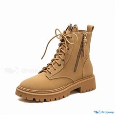 Orcajump - Genuine Leather Short Boots with Side Zipper, Thick Sole, Vintage Style - Xinxingxin Martin Boots Short Leather Boots, Leather Short, Martin Boots, Leather Shorts, Short Boots, Side Zipper, Camel, Vintage Style, Genuine Leather