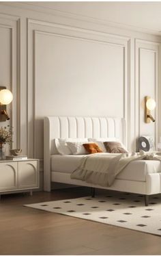 a bedroom with white walls and furniture in the room, including a bed that has been made