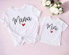 Mama Mini Shirts, Matching Mom Shirt, Matching Family shirts, Matching Mommy and Mini Shirts, Mama shirt, Mom shirt, Mothers Day Shirt Hi Everyone, Welcome to our shop, it is very nice to see you here, If you have any question/concern or want to order customize, please do not hesitate and feel free to contact us. To get the most best size for your order, make sure to check the size chart. Please note that unisex t-shirts are often run big. Unfortunately we do not accept any returns or exchanges White Long Sleeve Matching T-shirt, White Long Sleeve Shirt For Family Matching, Matching Tops With Custom Print For Mother's Day, Personalized Name Print White Shirt As Gift, White Shirt With Name Print For Gift, White Cotton Shirt As A Gift, Mother's Day Short Sleeve Shirt With Custom Print, Mother's Day Matching Cotton Tops, Matching Cotton Tops For Mother's Day