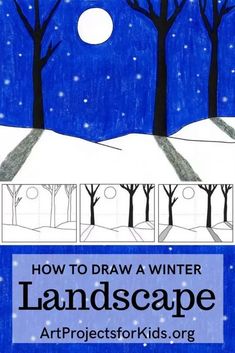 an image of how to draw a winter landscape with trees and moon in the sky