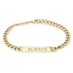 Zoë Chicco 14k Medium Curb Chain Personalized ID Bracelet with Diamond engraved with ALWAYS Curb Chain Bracelet, Zoe Chicco, Id Bracelets, Gold Bracelet Chain, Uppercase Letters, Diamond Set, Id Tag, Curb Chain, White Diamond