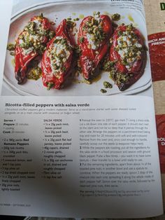 a recipe book with pictures of stuffed peppers and other food items on the page,