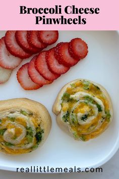 broccoli cheese pinwheels on a plate with strawberries