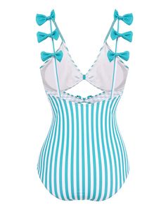 Blue 1960s Stripe Strap Bow One-Piece Swimsuit – Retro Stage - Chic Vintage Dresses and Accessories Retro Blue Lined Swimwear, Blue Fitted Retro Swimwear, Fitted Retro Blue Swimwear, Blue Retro Sleeveless Swimwear, Retro Fitted Blue Swimwear, Light Blue Sleeveless Swimwear For Party, Blue Lined Swimwear For Party, Retro Stage, Cute Beach Outfits