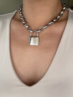 Silver Lock Necklace, Chunky Padlock Necklace, Chunky Necklace, Statement Necklace, Large Padlock Choker, Silver Choker, Oversized Padlock - Etsy Silver Chain Necklace With Lock, Silver Metal Necklace With Lock Detail, Metal Chain Link Necklace With Lock, Everyday Silver Necklace With Lock Detail, Silver Lock Chain Necklace As A Gift, Silver Chain Necklace With Lock For Gift, Silver Chain Necklace With Lock For Gifting, Metal Chain Necklace With Lock For Gift, Padlock Choker