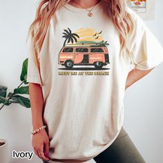 If you're looking for the perfect summer shirt, then you've come to the right place! This shirt features a beach sunset with a vintage-inspired van design.  Size up one size for an oversized look, and size up two sizes for the t-shirt dress look.  Refer to the sizing picture for more details on measurements. Comfort Colors introduces its garment-dyed t-shirt; a fully customizable tee made 100% with ring-spun cotton. The soft-washed, garment-dyed fabric brings extra coziness to your wardrobe whil Hippie T Shirt, Hippie T Shirts, Trendy Prints, Comfort Colors Tee, Look Plus, Trendy Tshirts, Christian Shirts, Looks Vintage, Green Fashion