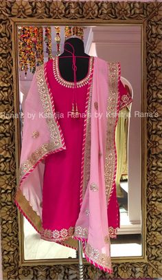 Pretty Pink and Rani Salwar Suit--Pretty Pink and Rani Salwar Suit. Pure georgette salwar suit in pretty hot pink color and rose pink dupatta. The bottom comes in pure crepe and same hot pink color as the kurta. The rich gota patti work looks beautiful. The salwar suit is an evergreen and beautiful dress to wear on any festive or occasion.The back neckline and ghera also have work on them like front. Length of kurta is 42 inch and dupatta is of 2.5 meters. Product Highlights for Pretty Pink and Rani Pink Kurti Design, Pink Suit Combination Dupatta, Rani Color Suit, Hot Pink Punjabi Suit, Rose Pink Colour Combinations, Rani Pink Colour Combination, Rani Pink Anarkali Suit, Rani Colour Combinations, Dark Pink Colour Combinations Dress