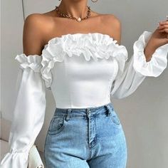 Rebellious Rose | Tops | Offtheshoulder Ruffle Trim Blouse | Poshmark Feminine Fitted Off-shoulder Top For Brunch, Fitted Ruffled Off-shoulder Top For Party, Fitted Off-shoulder Top With Ruffles For Party, Elegant Spring Off-shoulder Top For Brunch, Elegant Off-shoulder Top For Spring Brunch, Elegant Off-shoulder Top With Ruffles For Spring, Elegant Ruffled Off-shoulder Top For Spring, White Fitted Off-shoulder Top For Brunch, Elegant Fitted Off-shoulder Top With Ruffles