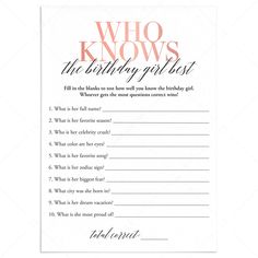 Who Knows The Birthday Girl Best Game Printable by LittleSizzle Who Lnows The Birthday Girl Best, Who Knows You Best Questions, Free Who Knows The Birthday Girl Best Printable, Birthday Who Knows Me Best, Birthday Quiz Questions Party Games, Who Knows The Birthday Girl Best Game, Who Knows The Birthday Girl Best Free, Who Knows The Bday Girl Best, Who Knows Me Best Questions Game