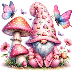 a mushroom and butterfly sitting next to each other in the grass with pink flowers on it