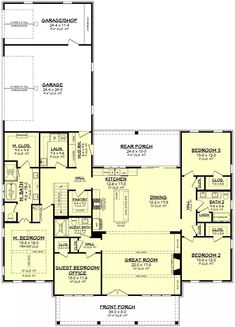 this is the first floor plan for a house with two master suites and an attached garage