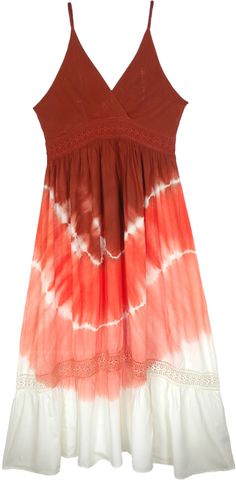 A fun and flowy sleeveless rayon maxi dress with shoulder straps, a beautiful tie-dye effect, an overlapping V-shaped neckline and lace details - all that you can ask for in an exotic summer dress.  This beautiful maxi dress flows effortlessly and gracefully. #tlb #Sleeveless #Lace #vacationclothing #beachwrap #TieDye #SummerMaxiDress #Rayonmaxidress #Tiedyeddress Summer A-line Maxi Dress With Lace Trim, Flowy Spaghetti Strap Dress For Festivals, Tie Dye Bohemian Sundress, Flowy Sundress With Lace Trim, Flowy Lace Trim Maxi Dress For Summer, Flowy Rayon Maxi Dress For Summer, Bohemian Rayon Sundress With Spaghetti Straps, Bohemian Sundress With Spaghetti Straps In Rayon, Red Sleeveless Dress With Flowy Skirt