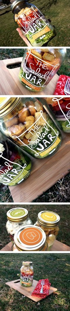 four different views of food in containers on a picnic table with grass and trees behind them