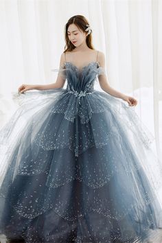 Princess Straps Blue Beaded Layers Long Formal Dress Layered Tulle Prom Dress, Prom Dress Blue, Tiered Prom Dress, Sparkly Prom Dresses, Long Formal Gowns, Blue Tulle, Beaded Prom Dress, Pretty Prom Dresses, A Line Prom Dresses