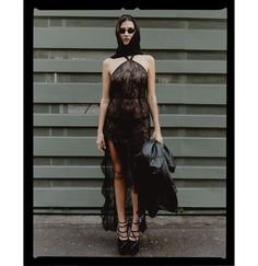 Summer Europe Trip Backless Lace Dress With Delicate Lace For Party, Evening Gown With Delicate Lace, Chic Black Halter Dress With Ruffles, Chic Lace Maxi Dress For Gala, Backless Lace Trim Gala Dress, Backless Lace Trim Dress For Gala, Backless Gala Dress With Lace Trim, Summer Night Out Dress With Delicate Lace, Glamorous Lace Maxi Dress