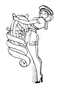 a black and white drawing of a woman holding a wheel