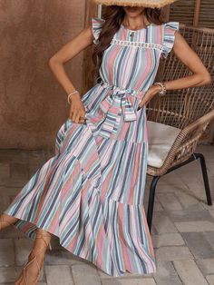 Color : MulticolorStyle : CasualDetails : Ruffle, Ruffle Hem, BeltedType : A LinePattern Type : StripedSleeve Length : Cap SleeveNeckline : Round NeckSleeve Type : Flounce SleeveWaist Line : High WaistHem Shaped : Layered/Tiered, FlounceLength : LongFit Type : Regular FitFabric : Non-StretchMaterial : FabricComposition : 53% Viscose, 34% Polyester, 13% CottonCare Instructions : Machine wash or professional dry cleanSheer : No Size US Belt Length Bust Length Shoulder Sleeve Length Waist Size S 4 70.9 37 49.2 13.4 2.4 26-37.8 M 6 72.4 38.6 49.6 13.8 2.4 27.6-39.4 L 8/10 74.8 40.9 50 14.2 2.4 29.9-41.7 XL 12 77.2 43.3 50.4 14.6 2.4 32.3-44.1 Casual Midi Dress With Ruffle Sleeves For Beach, Casual Ruffle Sleeve Maxi Dress For Vacation, Multicolor Ruffled Maxi Dress For The Beach, Multicolor Ruffled Maxi Dress For Beach, Bohemian Striped Midi Dress For Spring, Multicolor Ruffled Maxi Dress For Day Out, Striped Dresses With Ruffles For Day Out, Bohemian Midi Dress With Ruffle Sleeves, Striped Ruffled Dress For Day Out