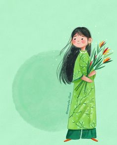 an illustration of a girl holding flowers in one hand and wearing a green dress on the other