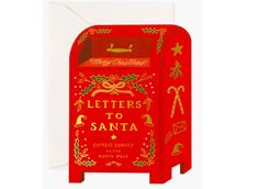 a red mailbox with gold lettering on the front and bottom that says letters to santa express service