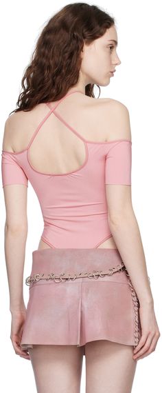 Stretch nylon jersey bodysuit. · Off-the-shoulder construction · Elasticized halter straps at straight neck · High-cut · Press-stud fastening at bottom · Raw edge at cuffs Supplier color: Pink Off-shoulder Bodysuit For Summer Nights Out, Summer Off-shoulder Bodysuit For Night Out, Off-shoulder Bodysuit For Night Out In Summer, Fitted Off-shoulder Bodysuit For Summer, Summer Off-shoulder Fitted Bodysuit, Trendy High Stretch Short Sleeve Bodysuit, Trendy High-stretch Short Sleeve Bodysuit, Backless Summer Bodysuit In Elastane, Backless Elastane Bodysuit For Summer