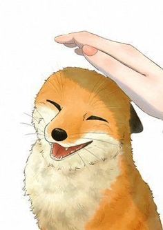 a drawing of a dog smiling and being petted by someone's hand on a white background