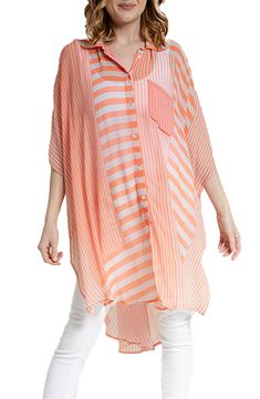 Hit the beach or kick it poolside in this flowy, semisheer shirt that features an oversized fit, slim stripes and an uneven hem. Front button closure Spread collar Elbow-length sleeves 100% viscose Hand wash, line dry Imported Sheer Shirt, Holiday Pajamas, Elbow Length Sleeve, Dress Romper, Holiday Dresses, Nordstrom Rack, New Dress, Shirt Blouses