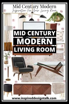 the mid century modern living room is shown in black and white, with text overlaying