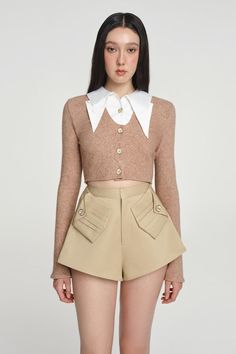 Origami Khaki Shorts - MEAN BLVD Crop Top With Collar, Gamine Outfits, Top With Collar, Mean Blvd, Dressy Shorts, A Line Shorts, Knitted Romper, Origami Art, Detail Shop