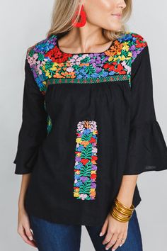 Bianca Embroidered Top, Black :: NEW ARRIVALS :: The Blue Door Boutique Black Embroidered Hem Top For Summer, Black Cotton Folk Embroidered Top, Black Summer Blouse With Geometric Embroidery, Black Blouse With Geometric Embroidery For Summer, Spring Black Blouse With Geometric Embroidery, Black Embroidered Top With Spring Sleeves, Spring Black Top With Embroidered Sleeves, Black Summer Blouse With Embroidered Sleeves, Black Cotton Top With Geometric Embroidery