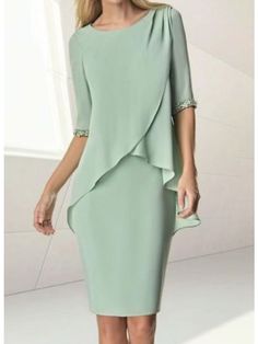 Sheath / Column Mother of the Bride Dress Wedding Guest Elegant Jewel Neck Knee Length Chiffon Half Sleeve with Beading Ruching 2023 2023 - US $109.99 Dress Sage, Fall Wedding Guest, Midi Dress Formal, Elegant Midi Dresses, Dress Wedding Guest, Elegant Skirt, Summer Wedding Dress, Fall Wedding Dresses, Mother Of The Bride Dress