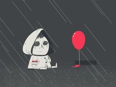 a cartoon character holding a red balloon in the rain with it's head down