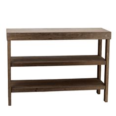 a wooden shelf with two shelves on each side