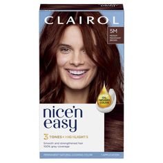 PRICES MAY VARY. Get permanent, silky, natural looking color with Clairol Nice'n Easy 5M Medium Mahogany. Creates 3 salon tones and highlights in 1 simple step using Color Blend technology Covers 100% of grays with complemenatary highlights and lowlights for an authentic look Our breakthrough non-drip Color Care permanent cream has conditioners built into every step to make your hair soft and shiny One hair color application kit: ColorBlend Formula, ColorBlend Activator, CC Plus ColorSeal Condit Auburn Hair Box Dye, One Hair Color, Mahogany Brown Hair Color, Mahogany Brown Hair, How To Dye Hair At Home, Box Dye, Low Alcohol Drinks, Beach Blonde, Ear Health