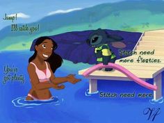 lili and stitch sitting on a bench in the water with words written below it