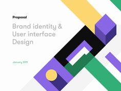 the front cover of a brochure with an abstract design in purple, green and yellow