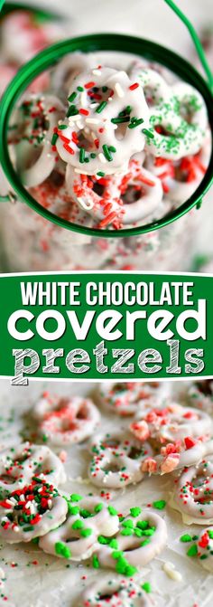 white chocolate covered pretzels with sprinkles in a glass jar and on a table