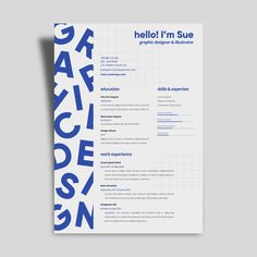 a blue and white brochure with the words hello i'm sue on it