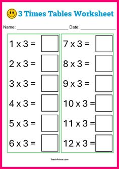 three times tables worksheet for kids to practice their math skills and solve the missing numbers