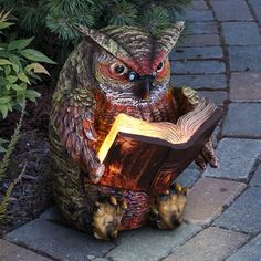 Solar Owl Reading a Book Garden Statue, 7 Inches | Shop Garden Decor by Exhart Owl Reading A Book, Solar Yard Art, Book Garden, Owl Statue, Tiki Statues, Goth Garden, Outdoor Deck Furniture, Magical Book, Lawn Ornaments