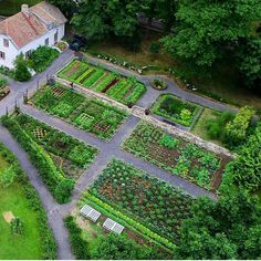 an aerial view of a large garden with lots of trees